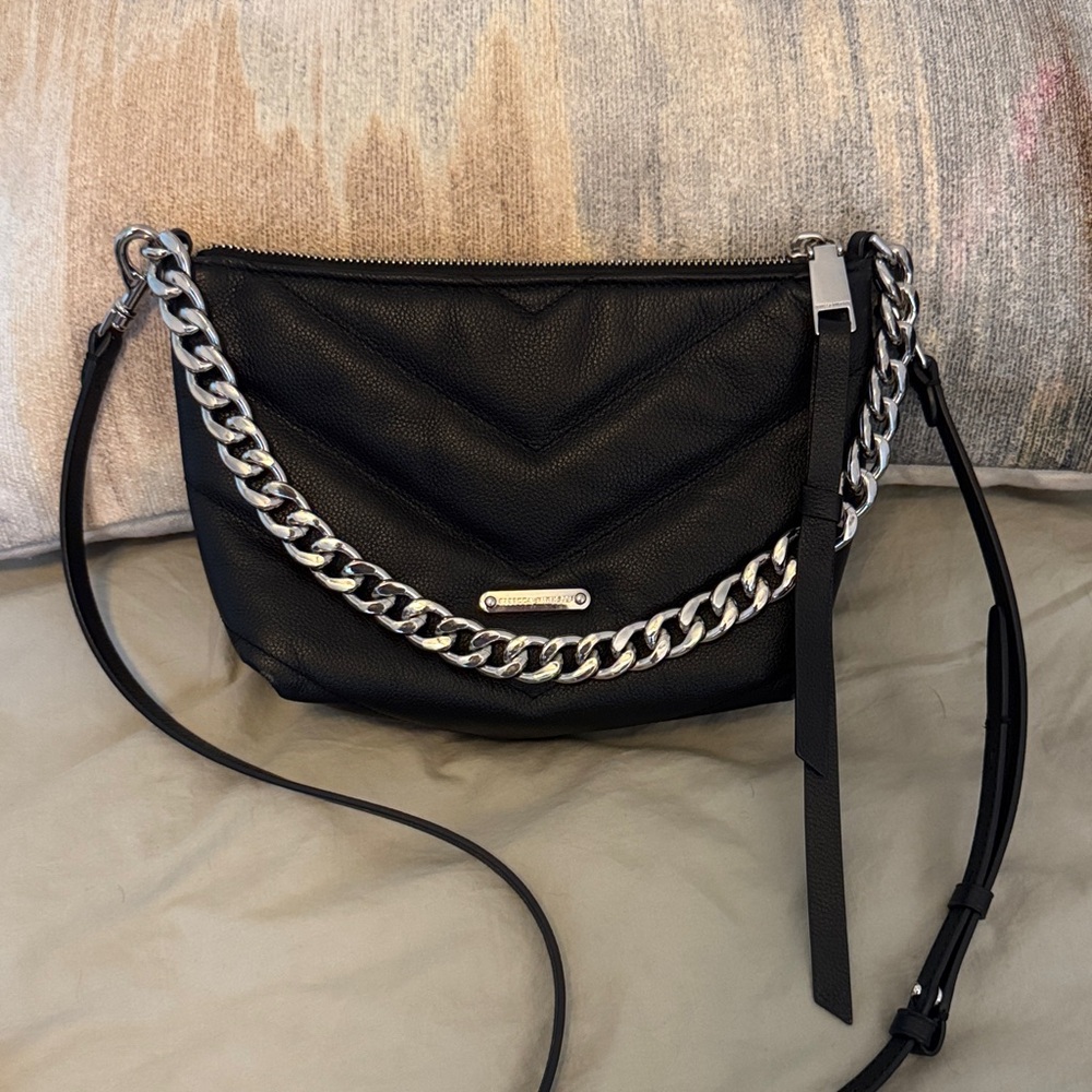 Rebecca Minkoff Edie Black Leather Crossbody Bag Silver Chain - Picture 2 of 5